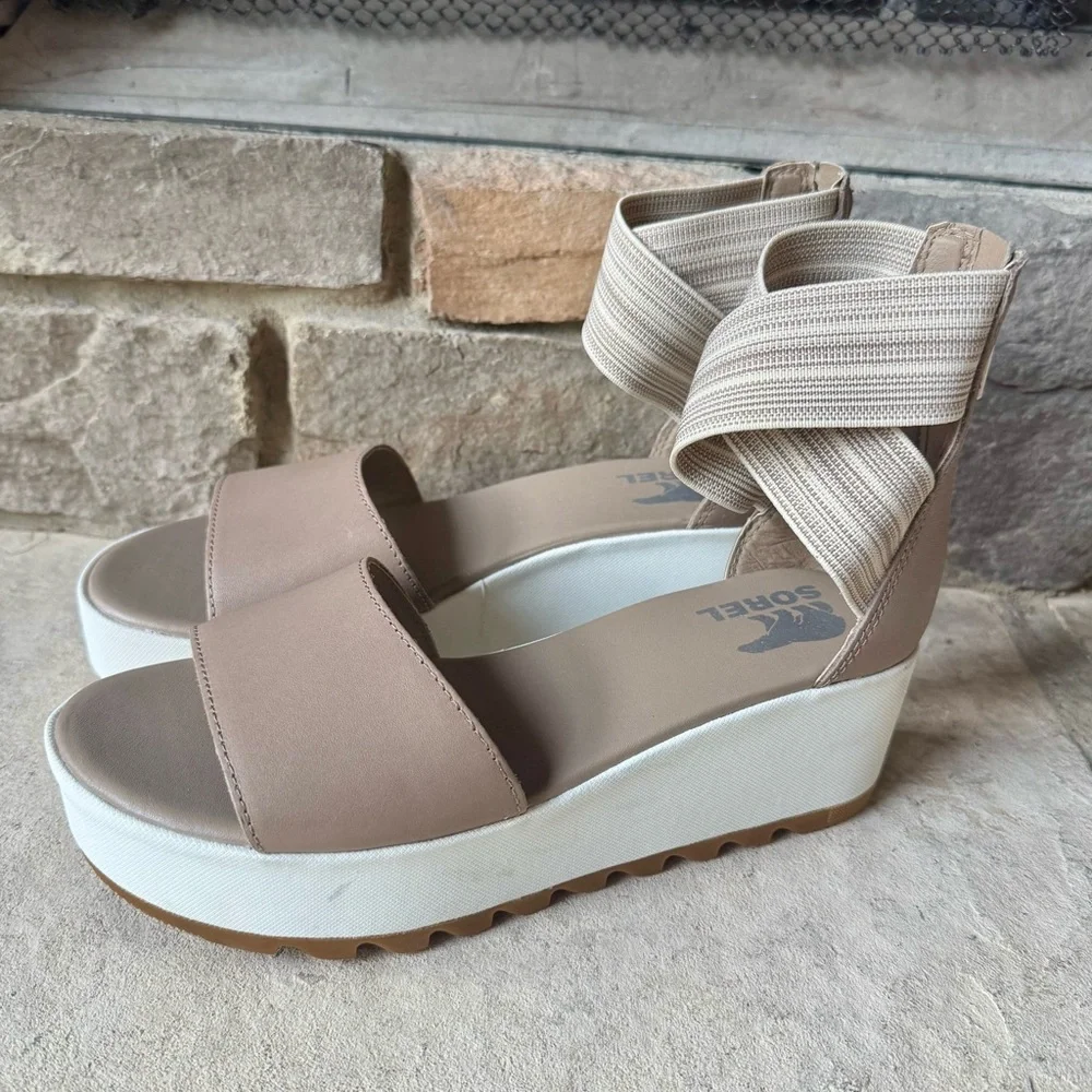 Sorel Women's Tan Platform Sandals with Elastic Ankle Wrap Size 8